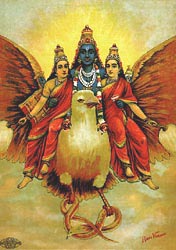 Vishnu enthroned on Garuda - c1900 - after painting by Ravi Varma