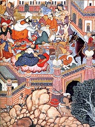 Amr disguised as Doctor Musmahil treating sorcerers in a Courtyard - Mughal School Akbar Period, 1562-77