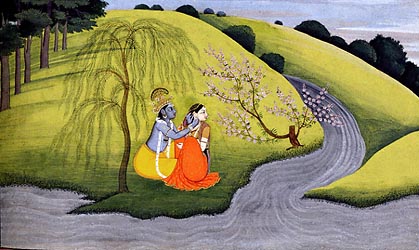 Krishna adorns Radha after their Love-making - Kangra, Punjab Hills, c1775-80