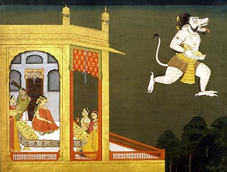 The Demon Samvara kidnaps Krishna's infant son, Pradyumma - Basholi,  Punjab Hills, c1760-65