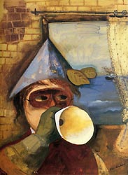 Self Portrait with Mask and Paper Horn 1936